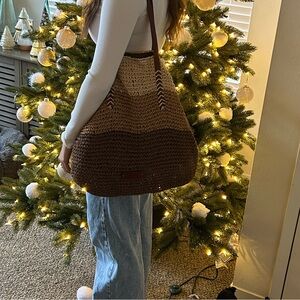 NWOT Lucky Brand Tan/‎ Brown/Beige Woven Straw Tote Bag Leather Straps